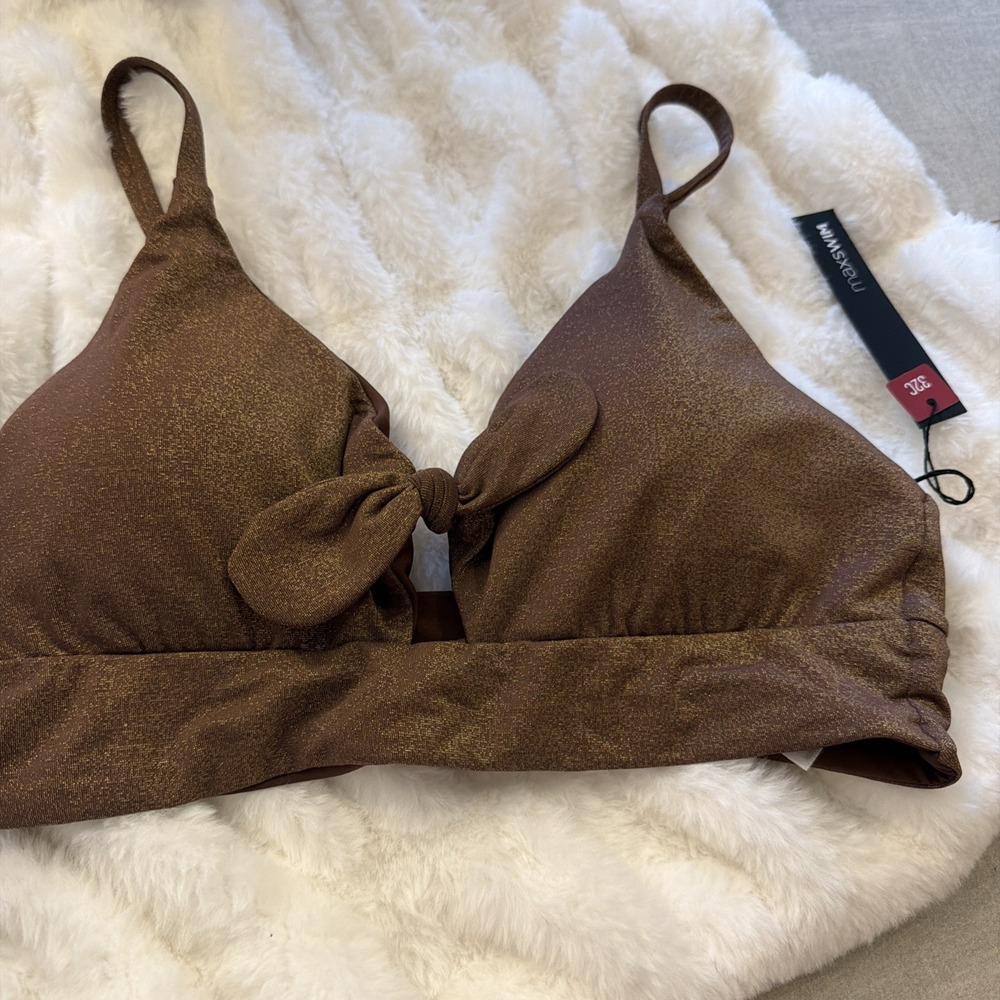 Maxswim Sasha Shimmer Bikini Top 32C Brown Gold Metallic Tie Front New